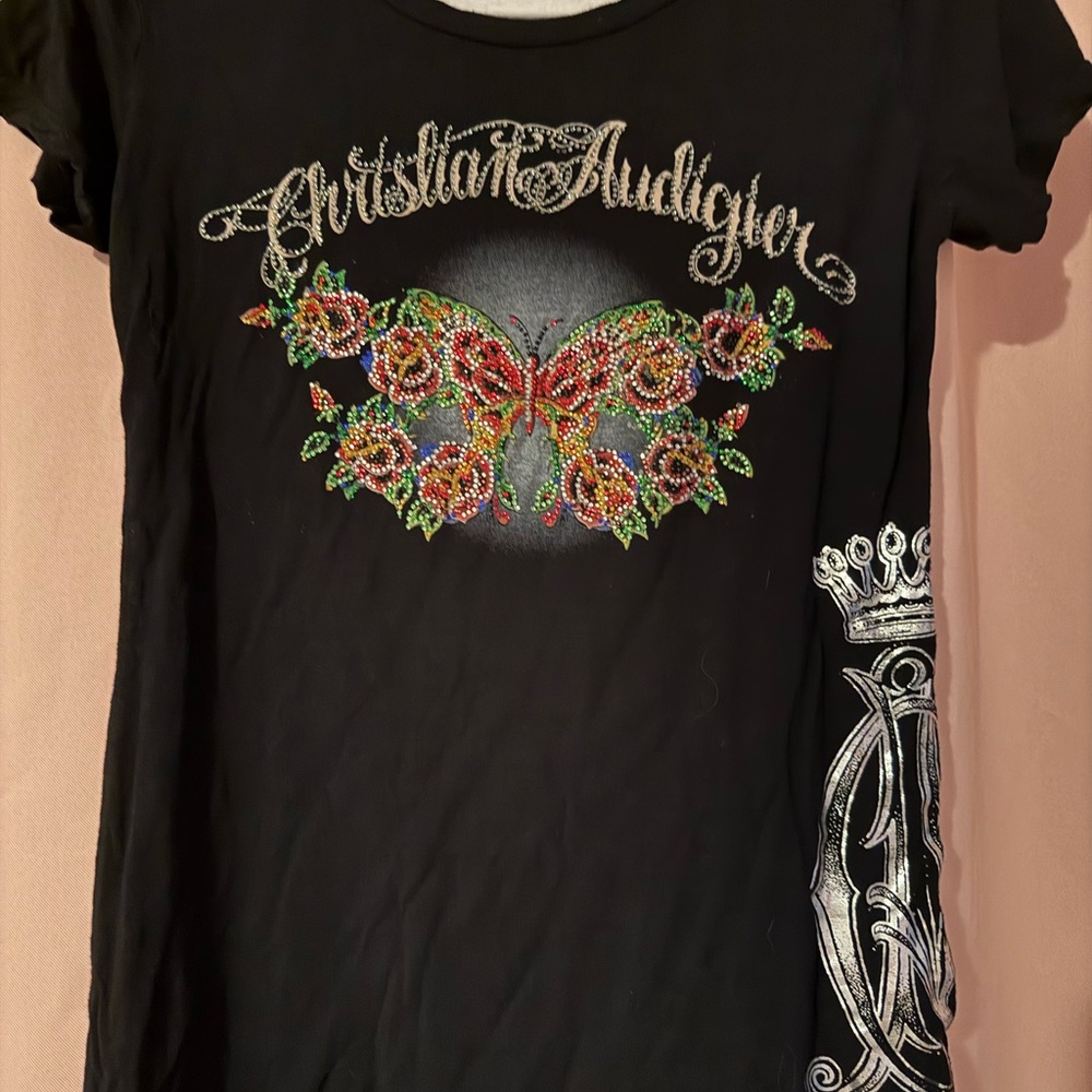 Christian Audigier Black Short-Sleeve Tee with Multicolor Rhinestone Butterfly